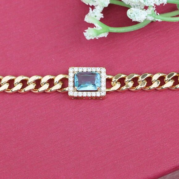 "Blue Crystal Center Rose Gold Chain Bracelet, XPBL0793 - Picture 10 of 12